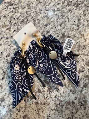 Free people Navy Paisley Scarf Drop Earrings with Gold Accents